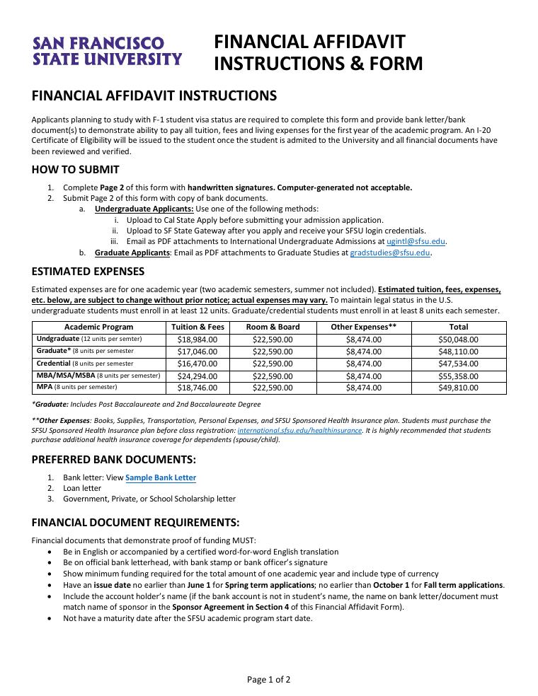 San Francisco State Financial Affidavit 2026 Bank Document Requirements document preview