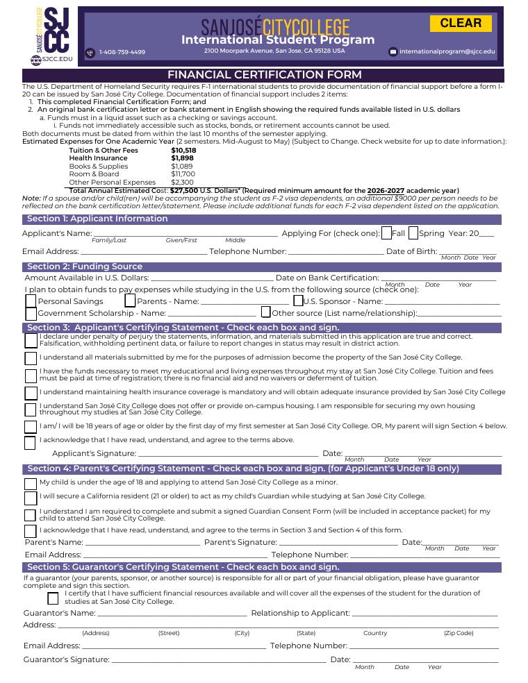 San Jose City College Financial Certification Form 2026-2027 document preview