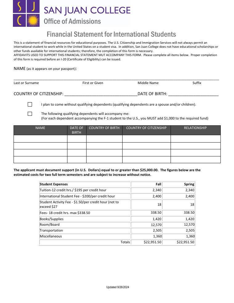 San Juan College Certification of Financial Responsibility document preview