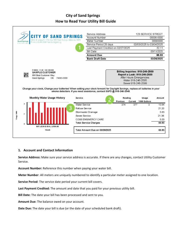 Sand Springs How to Read Your Utility Bill Guide document preview