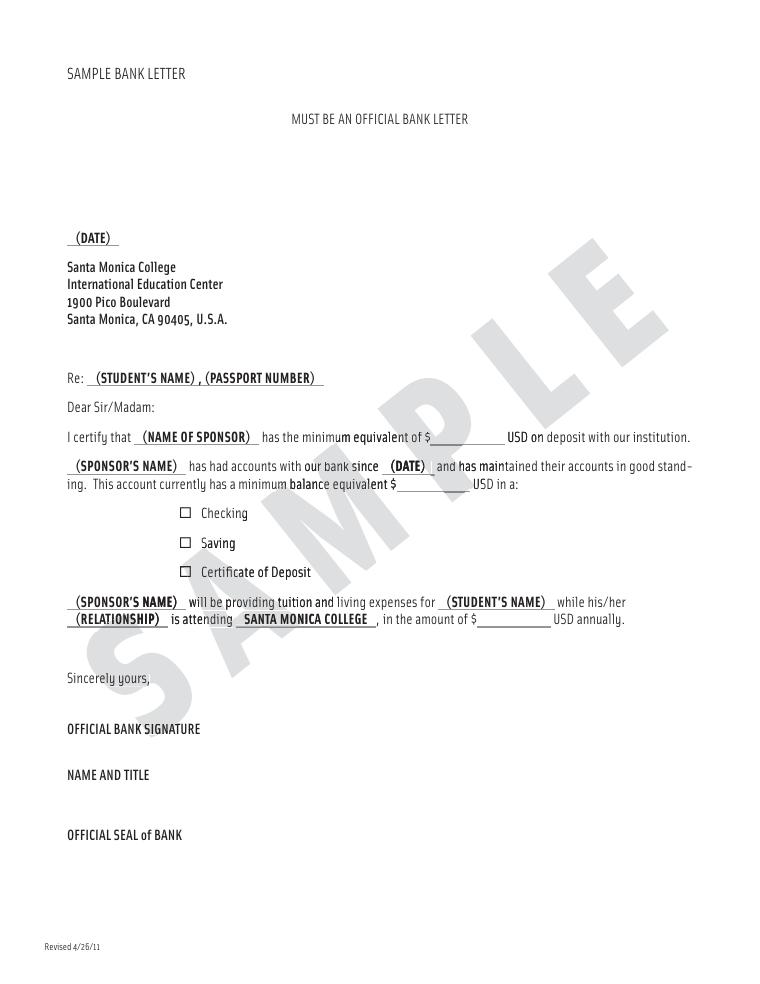 Santa Monica College Sample Bank Letter document preview