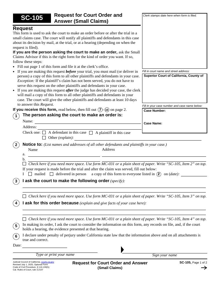 SC-105 Request for Court Order and Answer (Small Claims) document preview