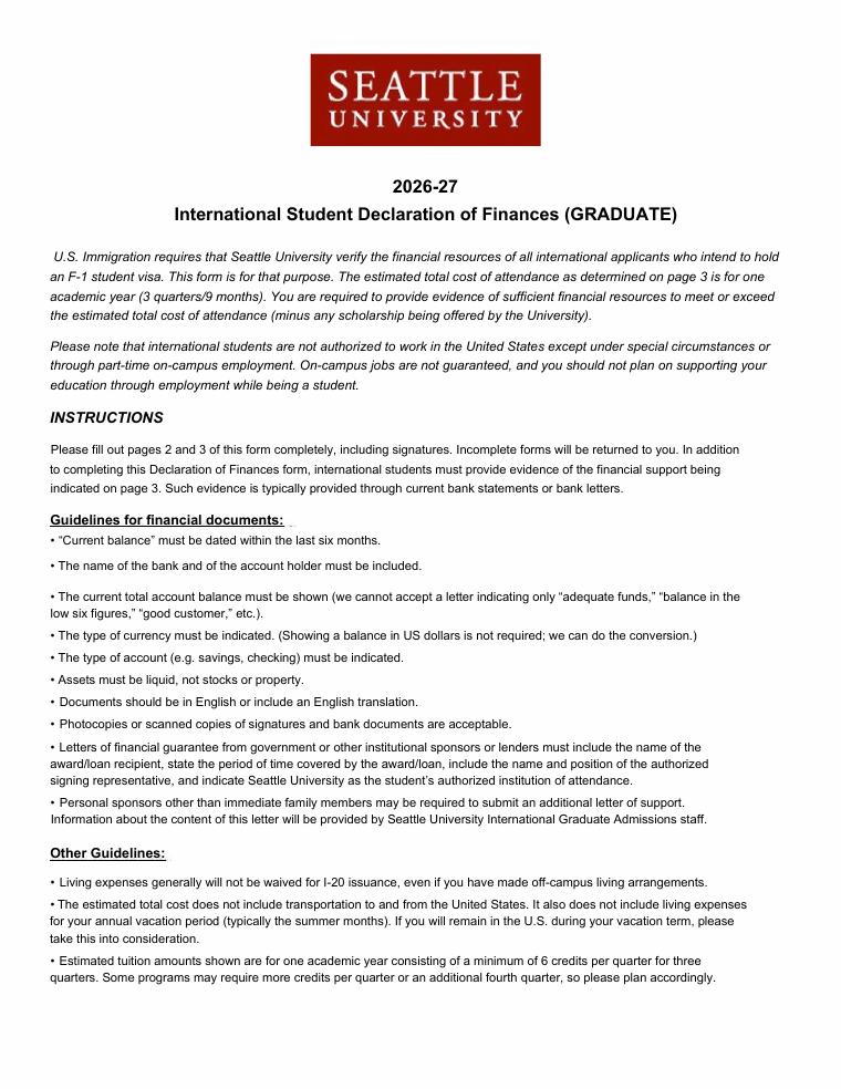 Seattle University Graduate International Student Declaration of Finances 2026-2027 document preview