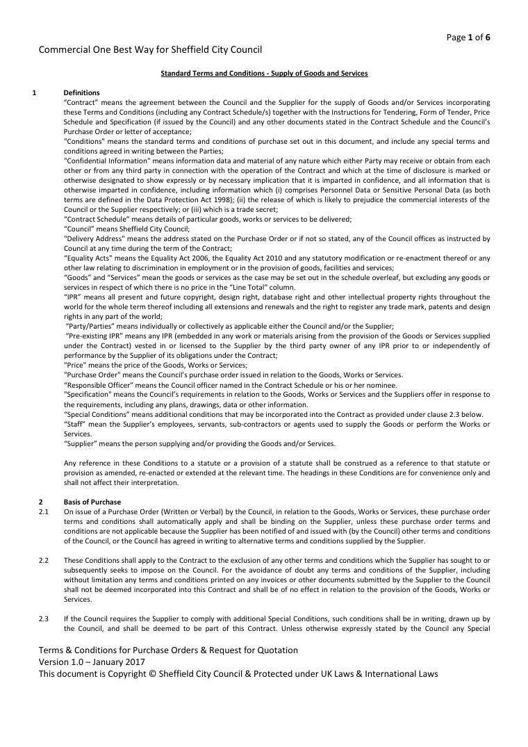 Sheffield City Council Standard Conditions for Supply of Goods and Services document preview