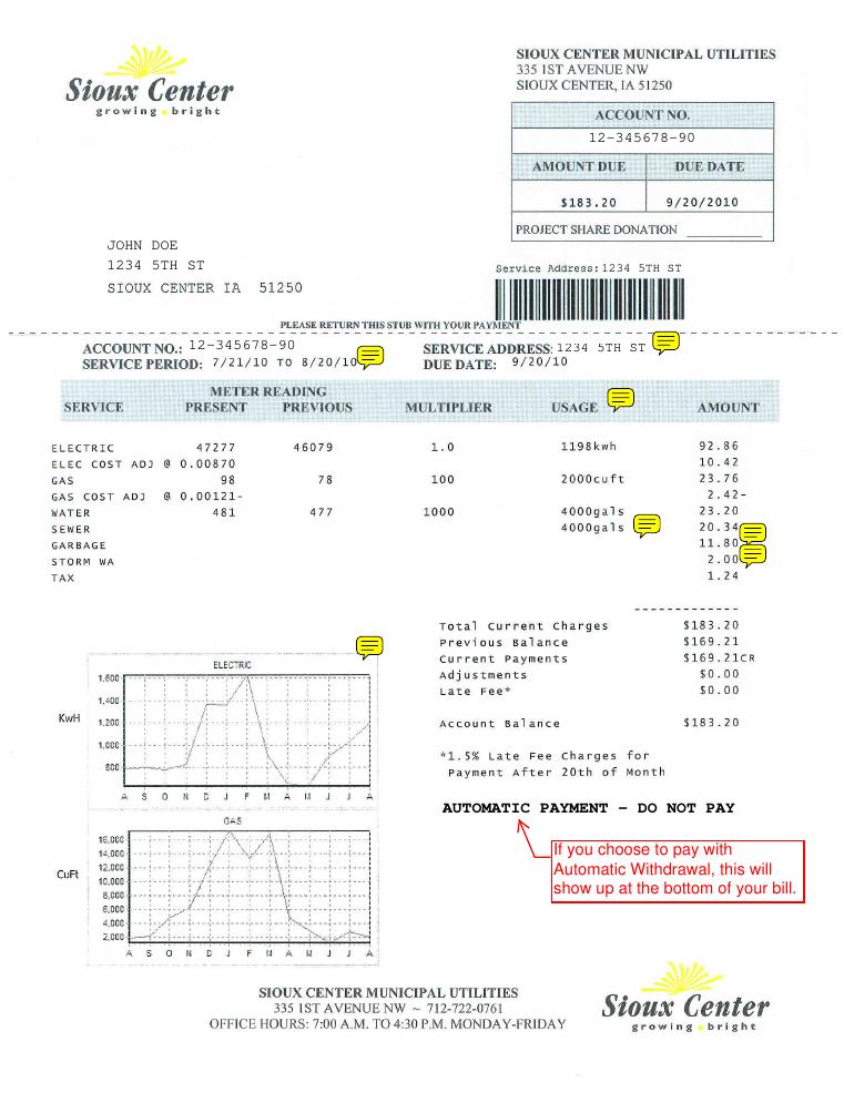 Sioux Center Sample Utility Bill document preview