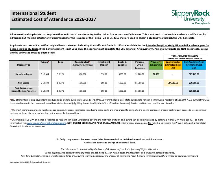 Slippery Rock University International Student Estimated Cost of Attendance 2026-2027 document preview