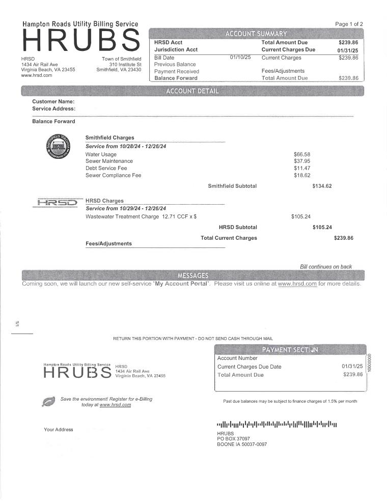 Smithfield Water and Sewer Sample Bill document preview