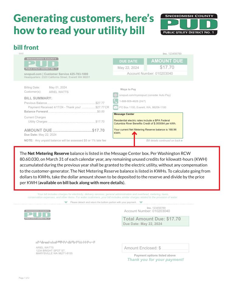 Snohomish PUD Solar Customer Utility Bill Guide 2024 document preview