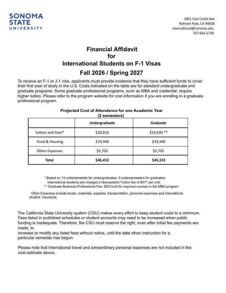 Sonoma State University Financial Affidavit 2026-2027 document preview