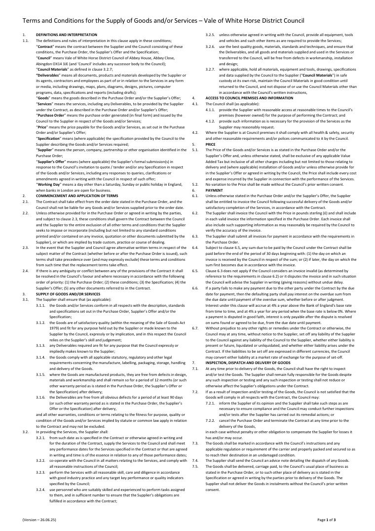 South and Vale Purchase Order Standard Terms and Conditions for Goods and Services document preview