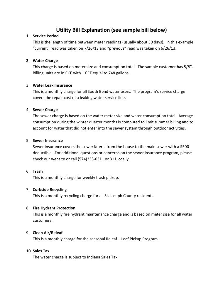 South Bend Utility Bill Explanation Sample document preview