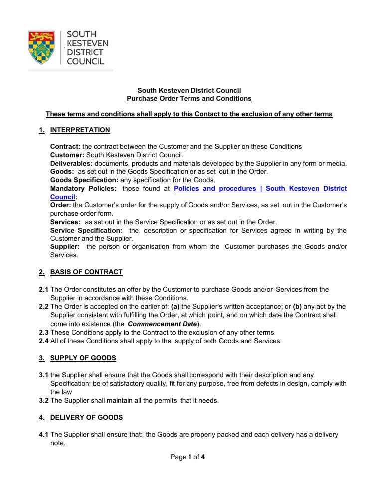 South Kesteven District Council Purchase Order Terms October 2025 document preview