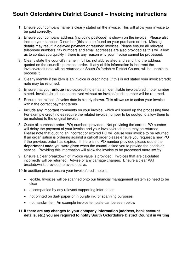 South Oxfordshire District Council Invoicing Instructions document preview