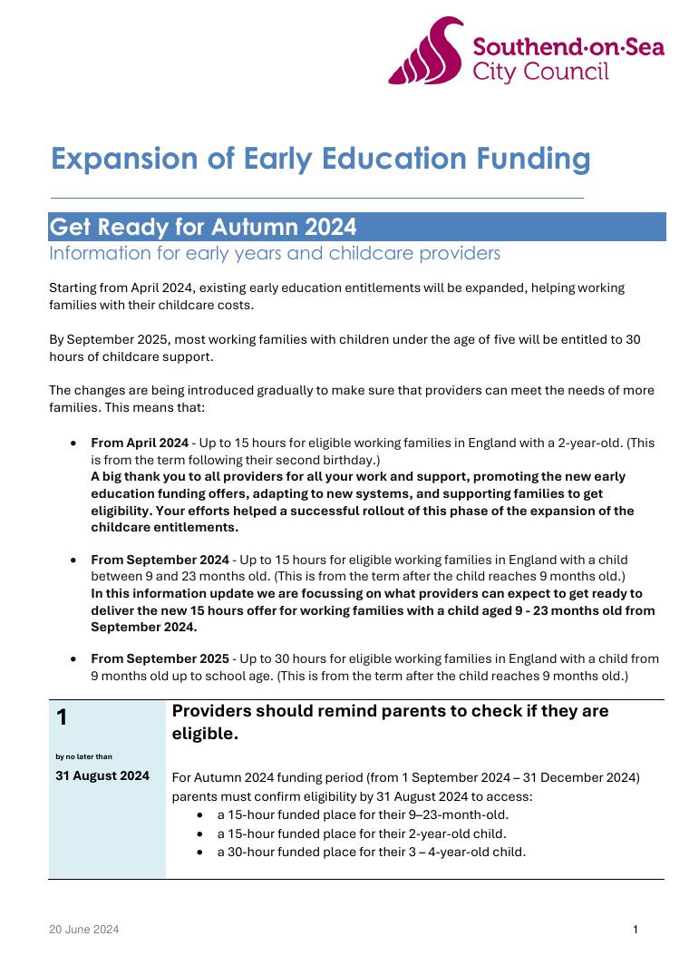 Southend Early Education Funding Invoice Guidance 2024 document preview