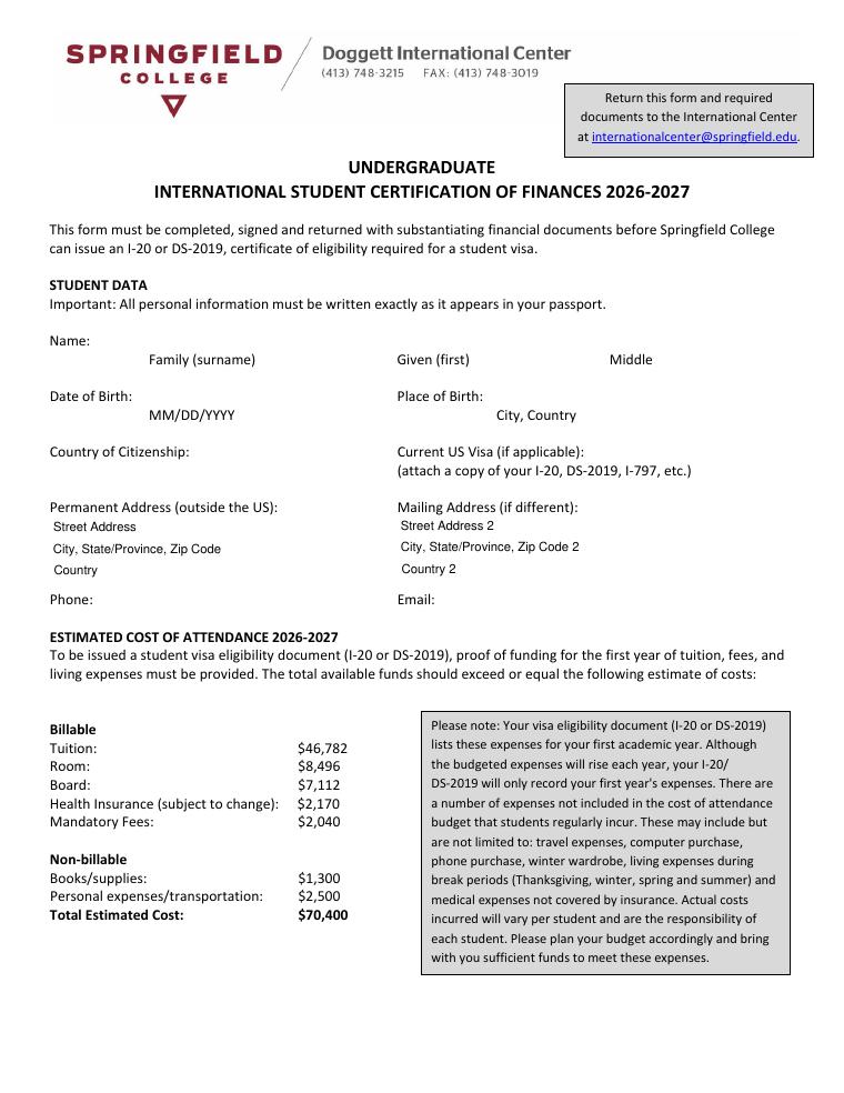 Springfield College Undergraduate International Student Certification of Finances 2026-2027 document preview