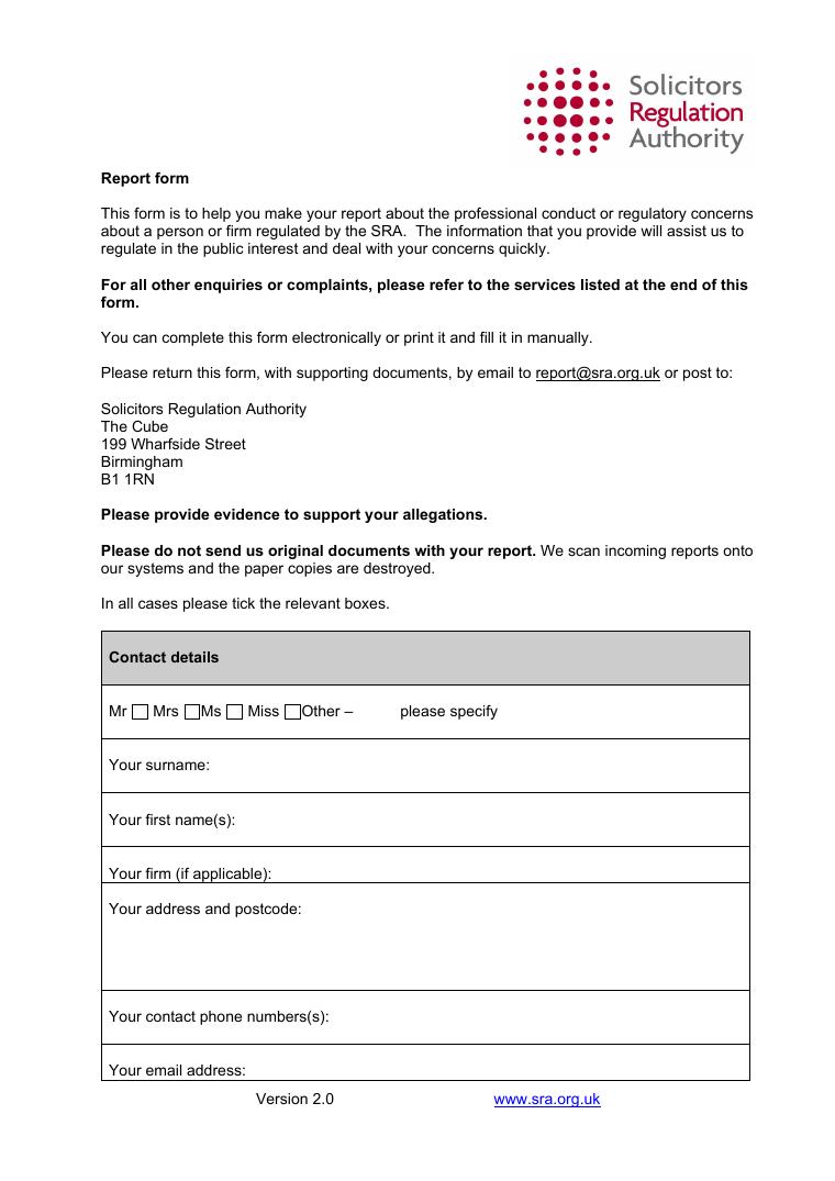 SRA Complaint Form document preview
