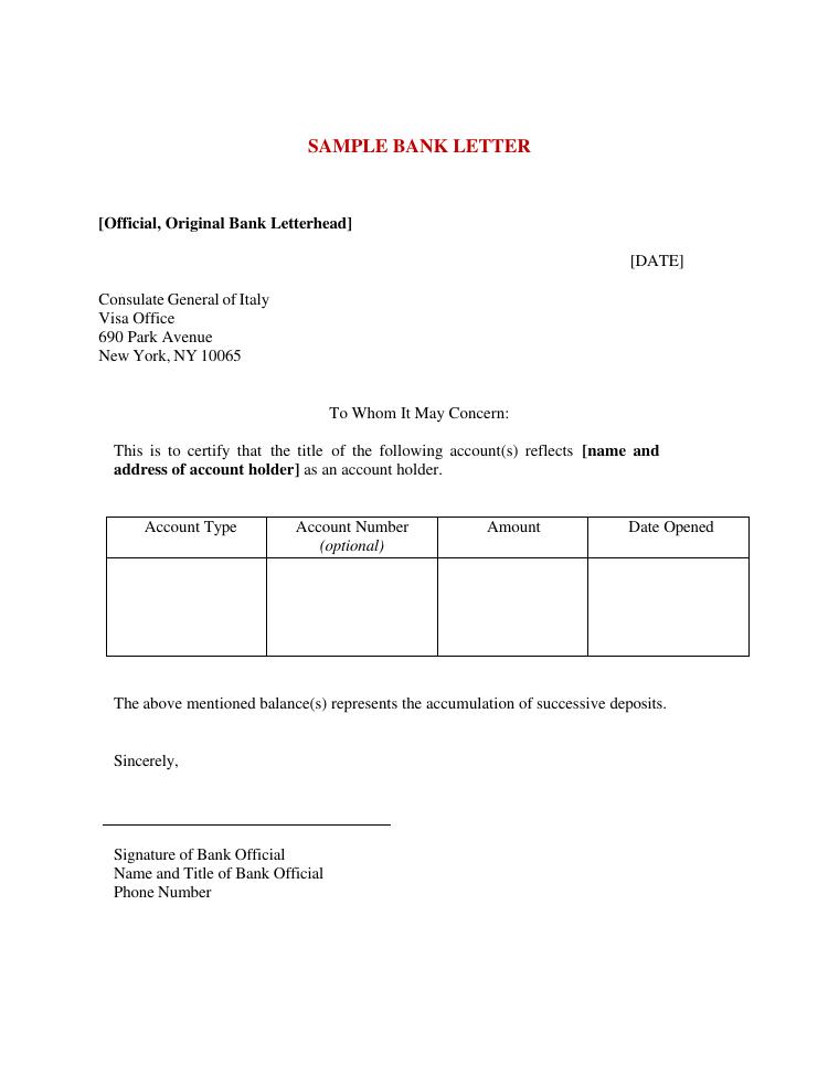 St Johns University Italian Visa Sample Bank Letter document preview
