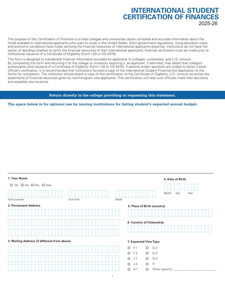 St. Olaf International Student Certification of Finances 2025-2026 document preview