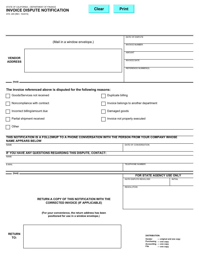 State of California Invoice Dispute Notification STD 209 document preview