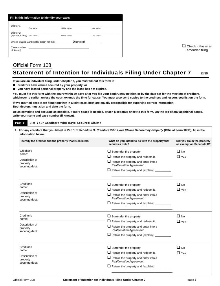 Statement of Intention for Individuals Filing Under Chapter 7 document preview