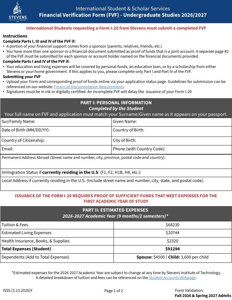 Stevens Undergraduate Financial Verification Form 2026-2027 document preview