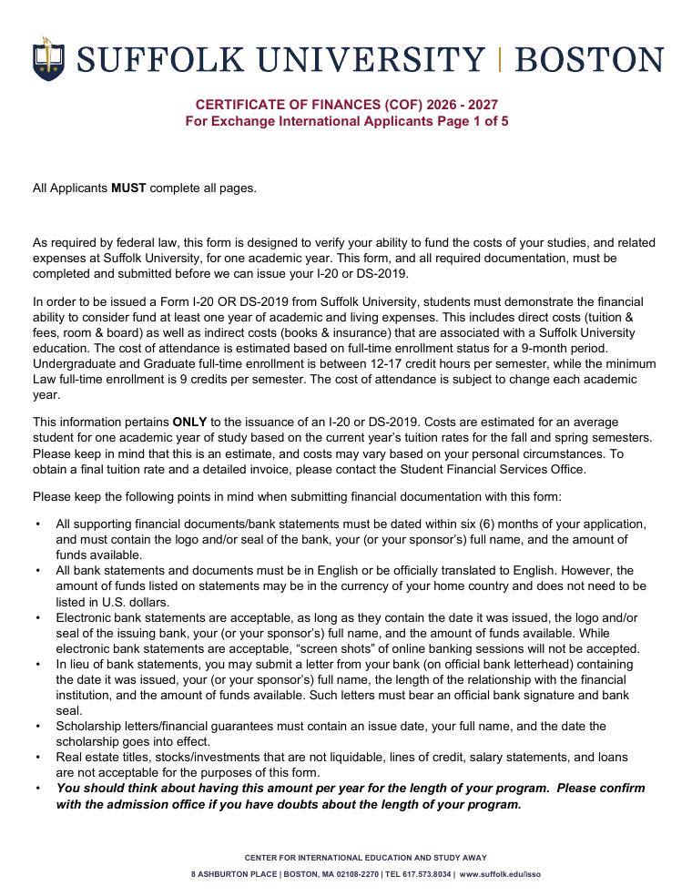 Suffolk University Certificate of Finances 2026 document preview