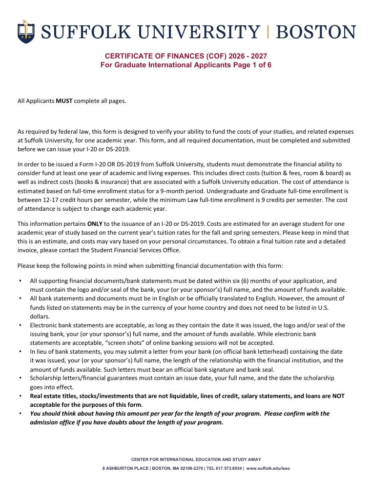 Suffolk University Graduate Certificate of Finances 2026-2027 document preview