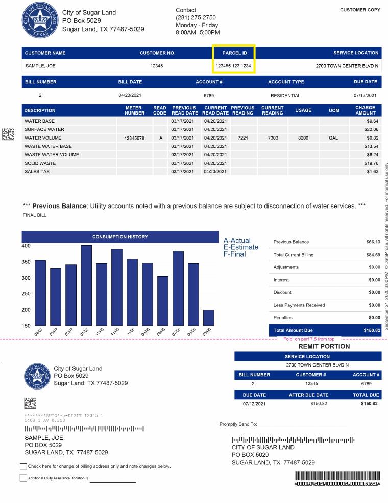 Sugar Land Water Bill Example document preview