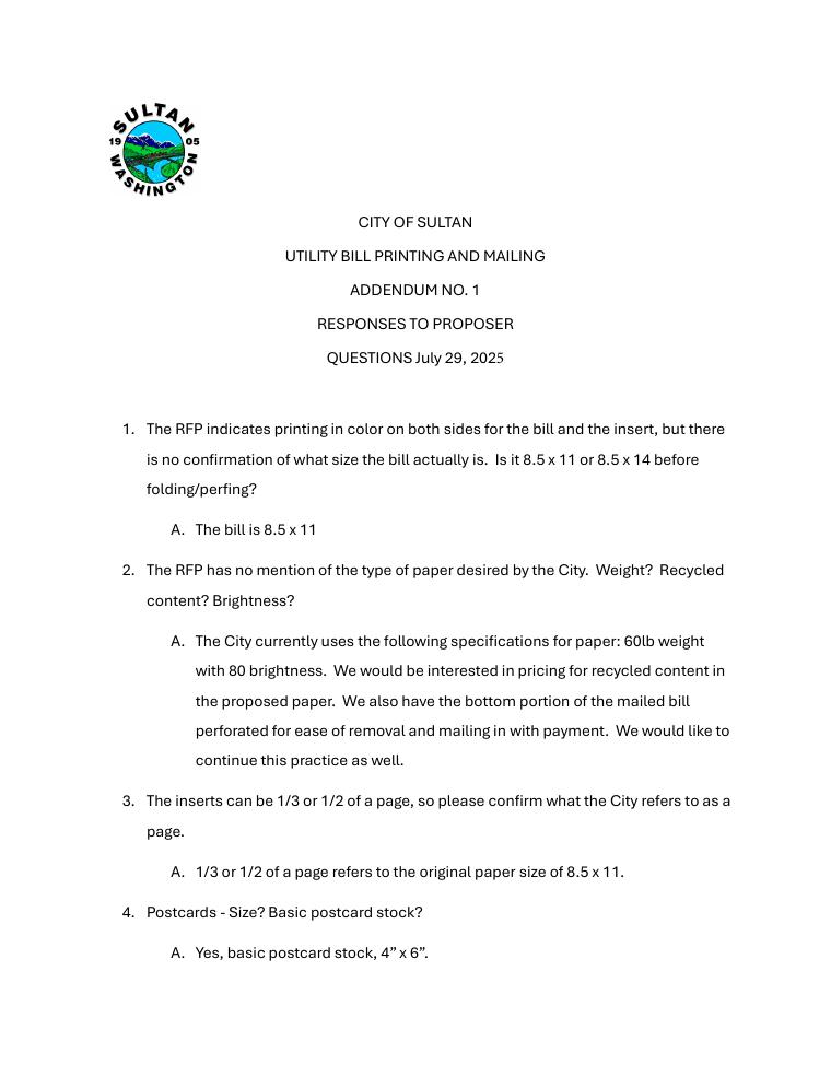 Sultan Utility Bill Printing Addendum With Sample Bill document preview