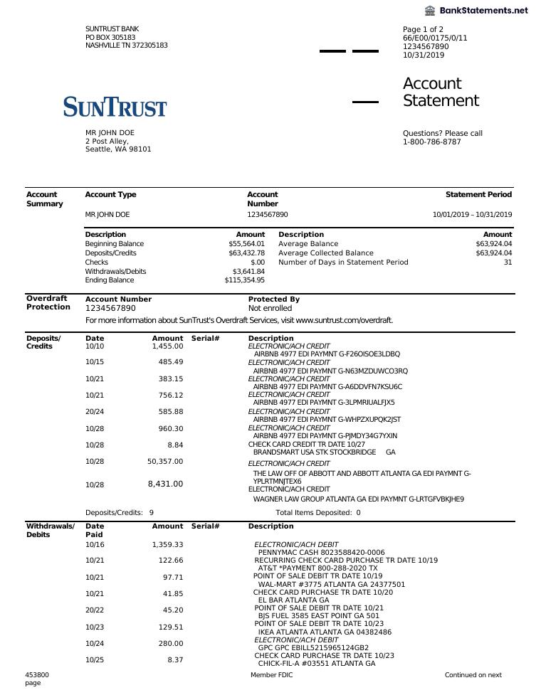 Suntrust Bank Statement document preview