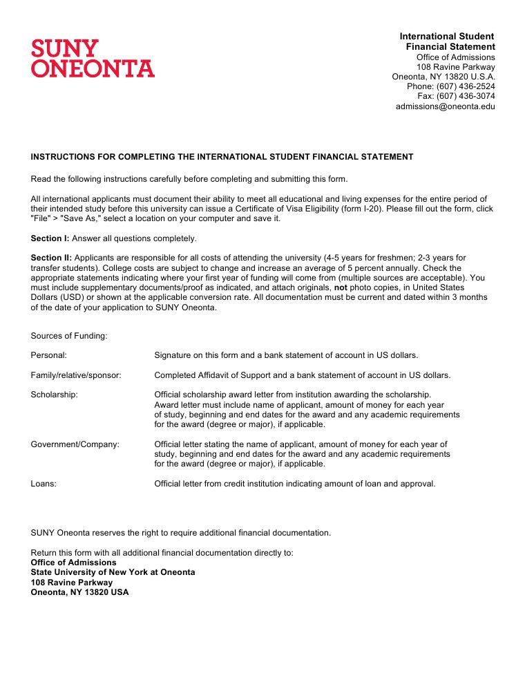 SUNY Oneonta International Student Financial Statement document preview