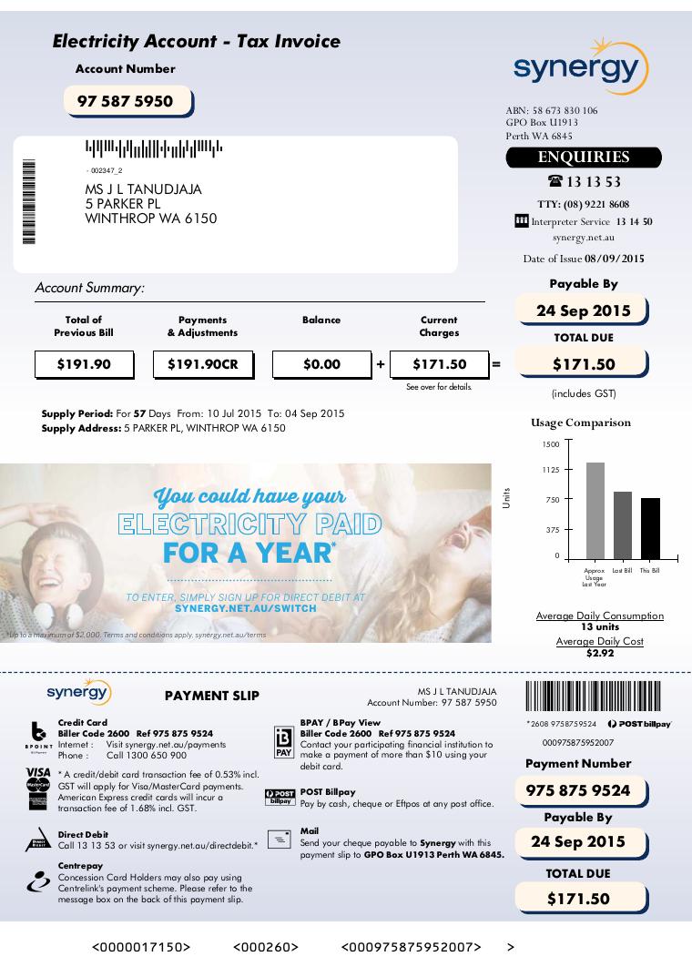 Synergy Electricity Bill document preview