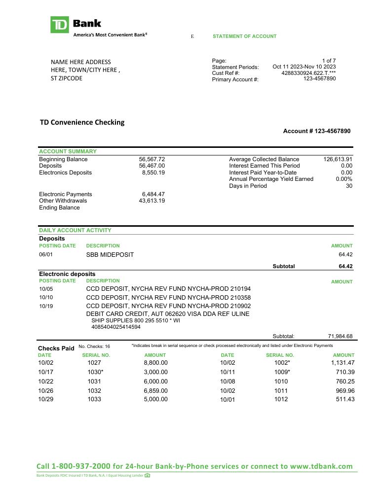 Td Bank Statement Template 2023 document preview