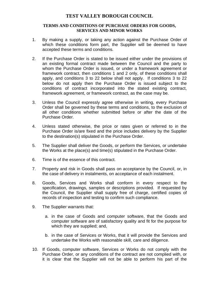 Test Valley Borough Council Conditions for Purchase Orders document preview