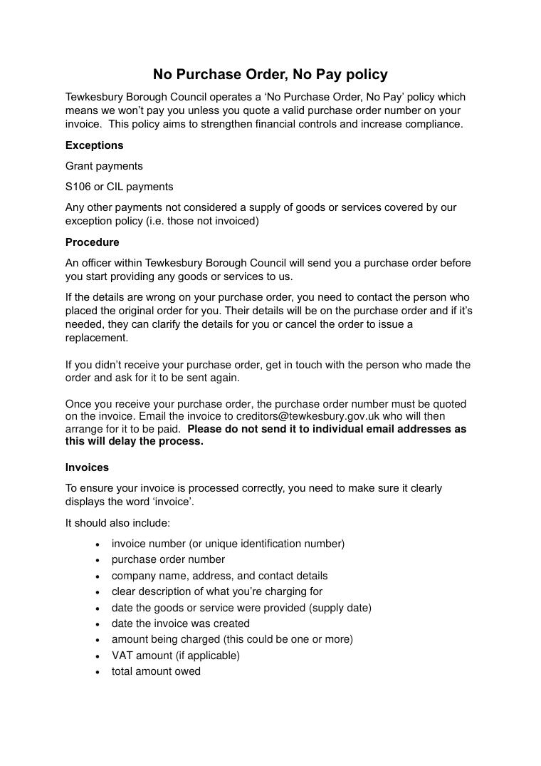 Tewkesbury Borough Council No Purchase Order No Pay Policy document preview