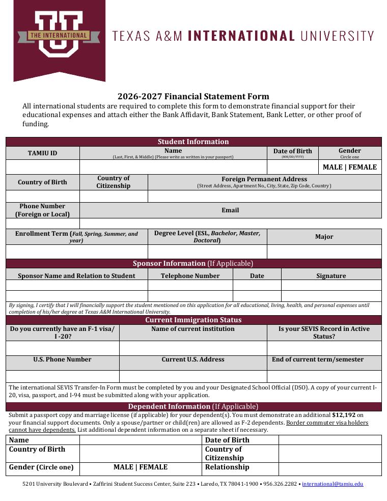 Texas A&M International University Financial Statement Form 2026-2027 document preview