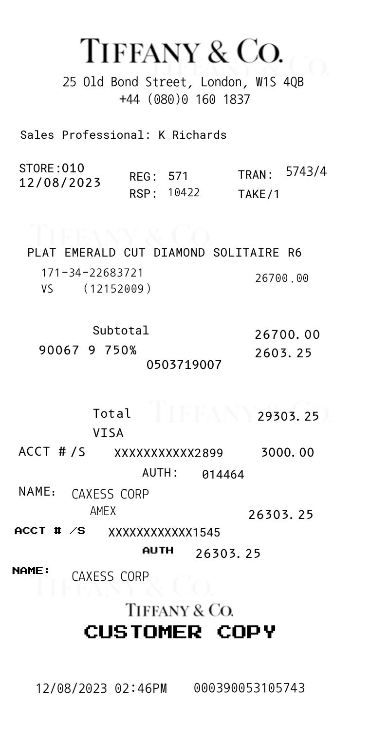 Tiffany & Co Tiffany Master Thermal Receipt 2023 document preview