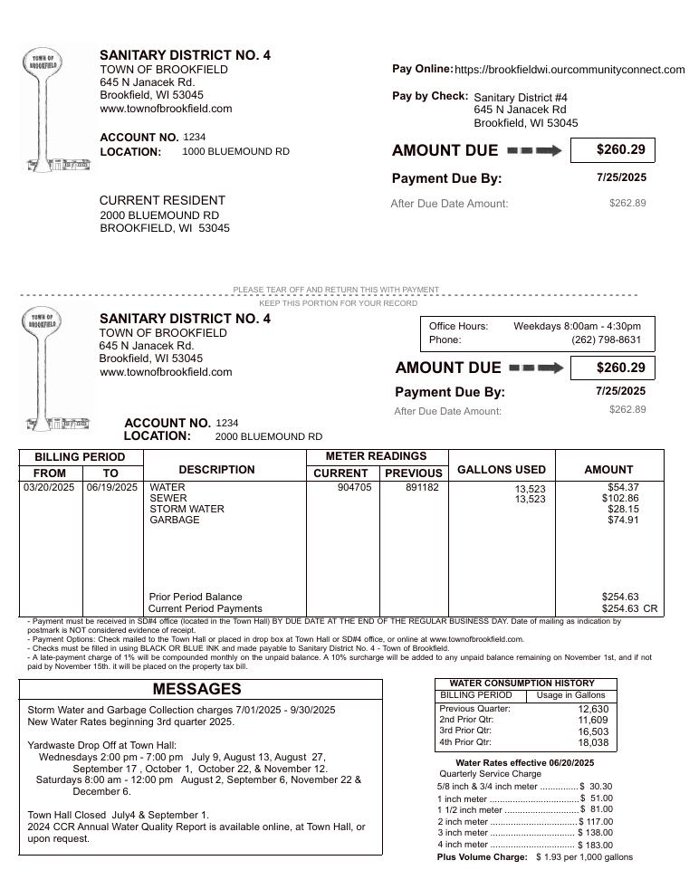 Town of Brookfield Sample Utility Bill 2024 document preview