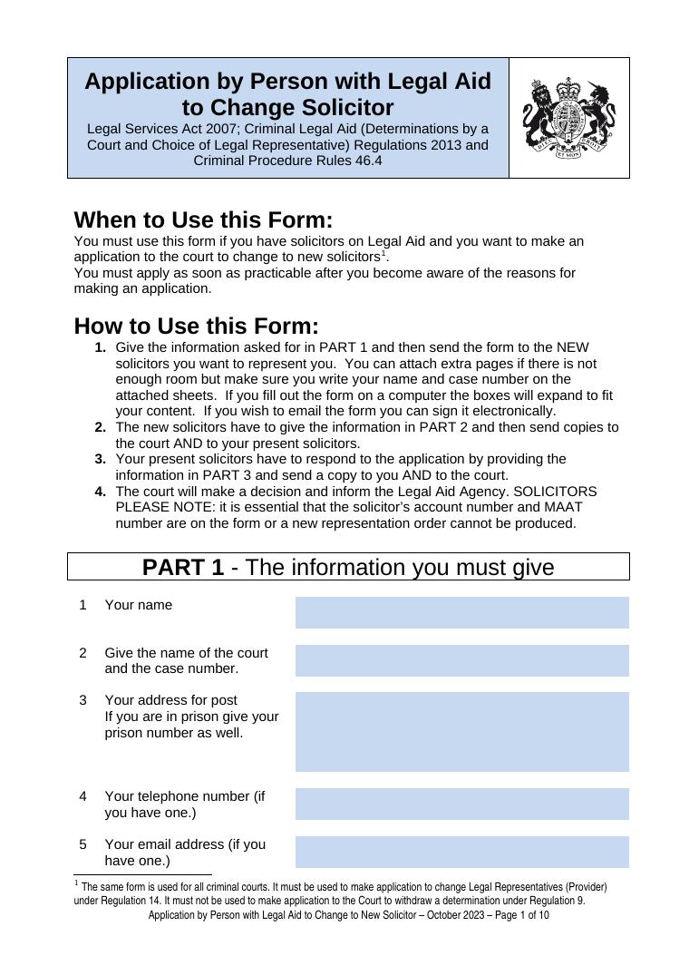 Transfer of Legal Aid Form (UK) document preview