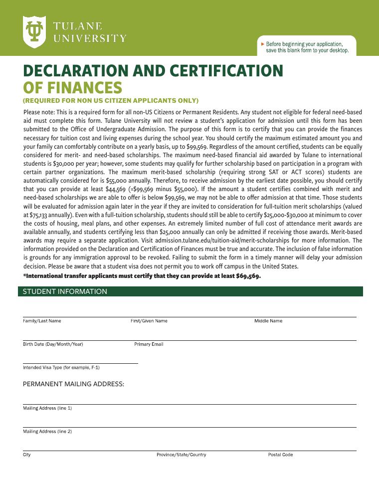 Tulane University Declaration and Certification of Finances 2026-2027 document preview