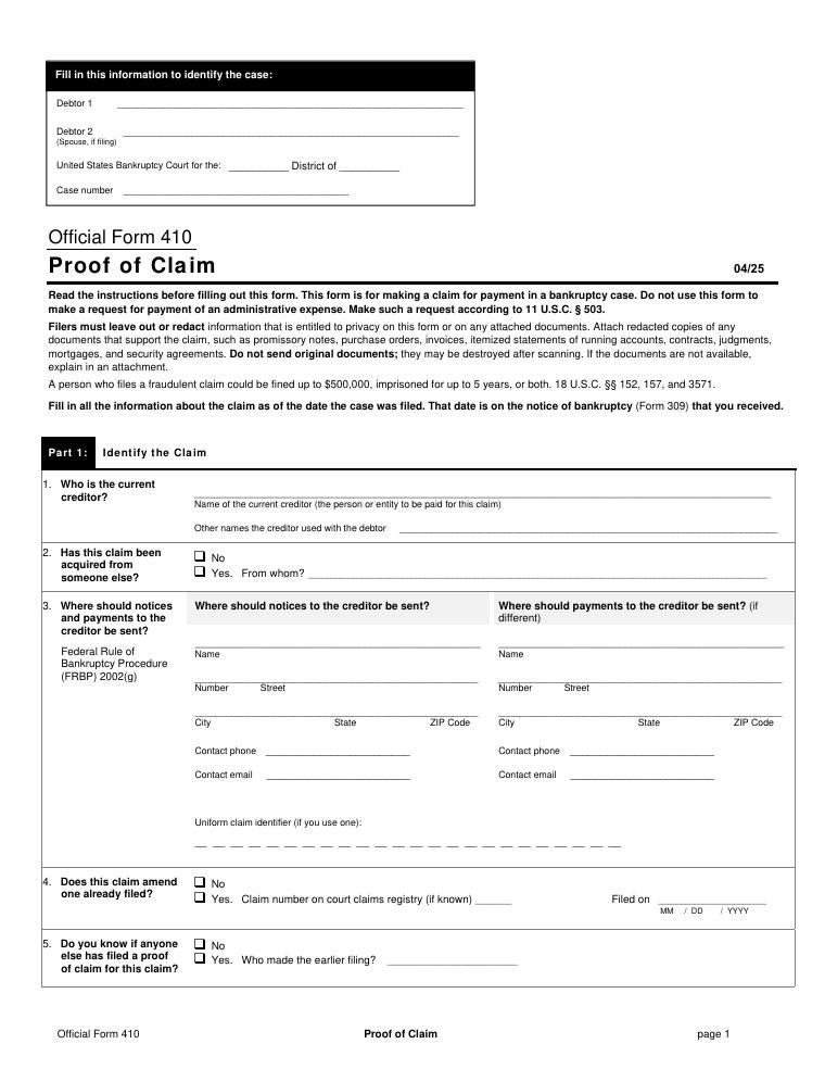 U.S. Courts Proof of Claim Bankruptcy Form document preview
