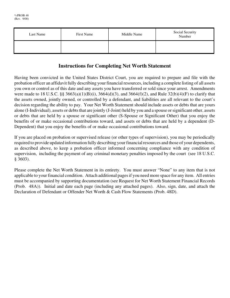 U.S. Courts Request for Net Worth Statement Financial Records document preview