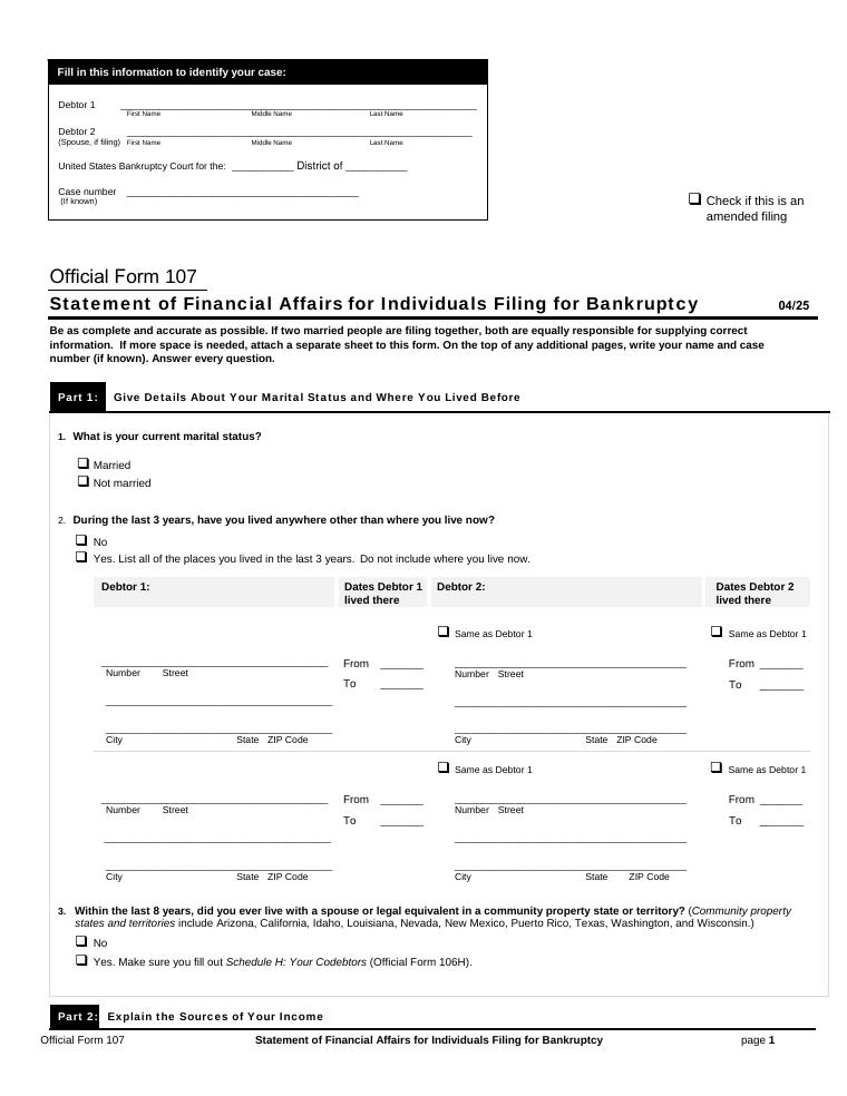 U.S. Courts Statement of Financial Affairs for Individuals Filing for Bankruptcy document preview