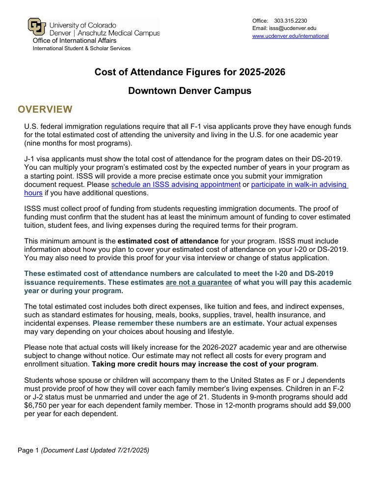UC Denver Cost of Attendance Sample Bank Letter 2025-2026 document preview