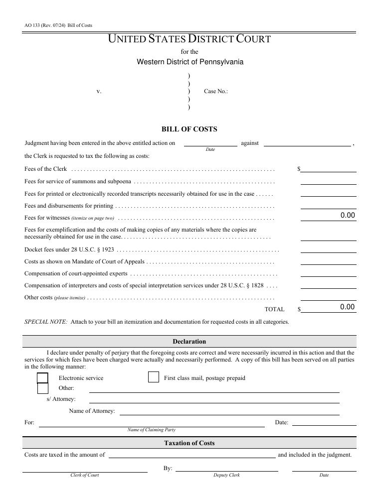 United States Courts AO 133 Bill of Costs Form document preview