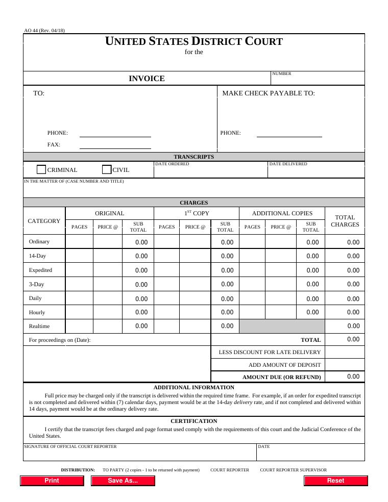 United States Courts AO 44 Invoice Form document preview