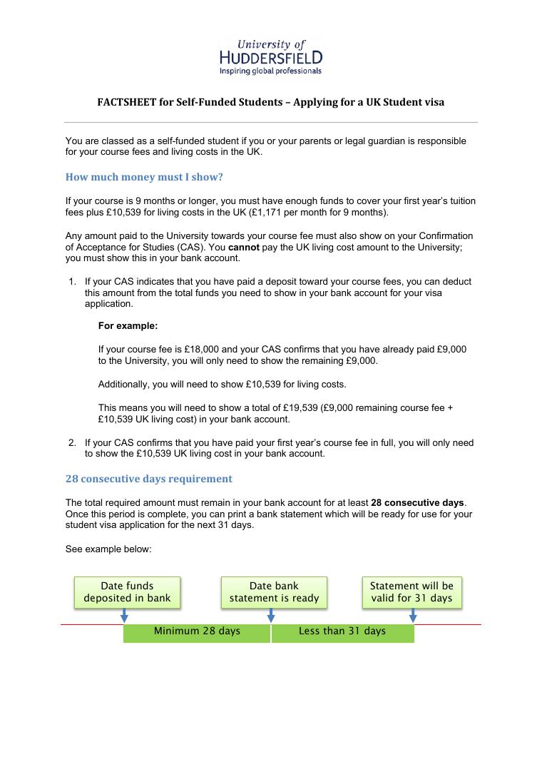University of Huddersfield Self-Funded Students Bank Statement Guide document preview