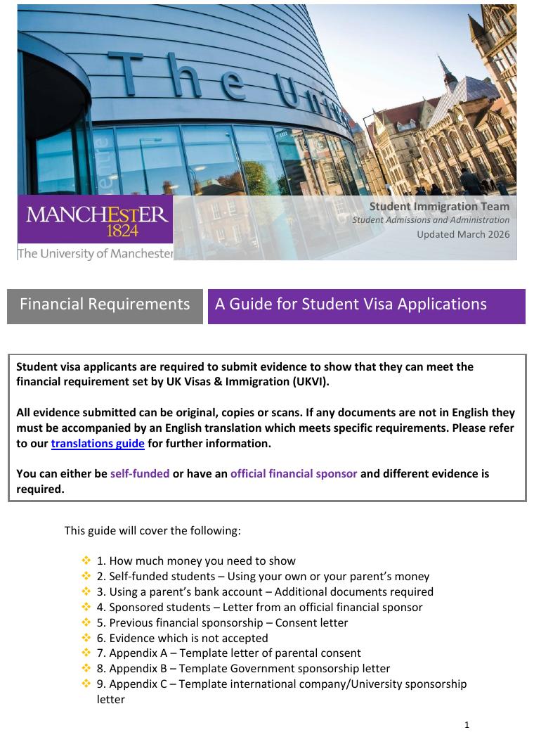 University of Manchester Student Visa Financial Requirements Guide document preview