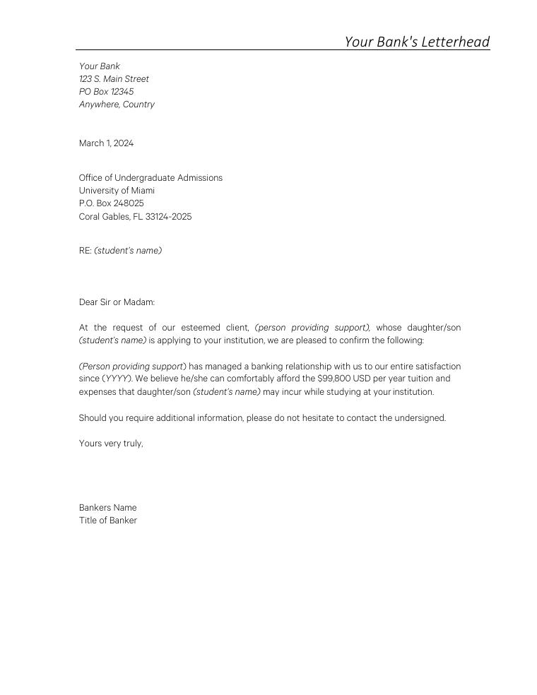 University of Miami Sample Bank Letter document preview