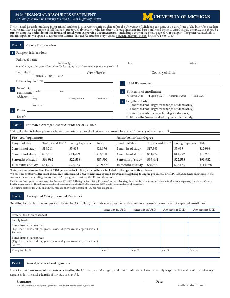 University of Michigan 2026 Financial Resources Statement document preview